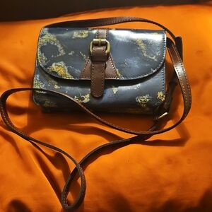 Patricia Nash Greek Map Blue and Brown Women's Torri Small Crossbody Purse.